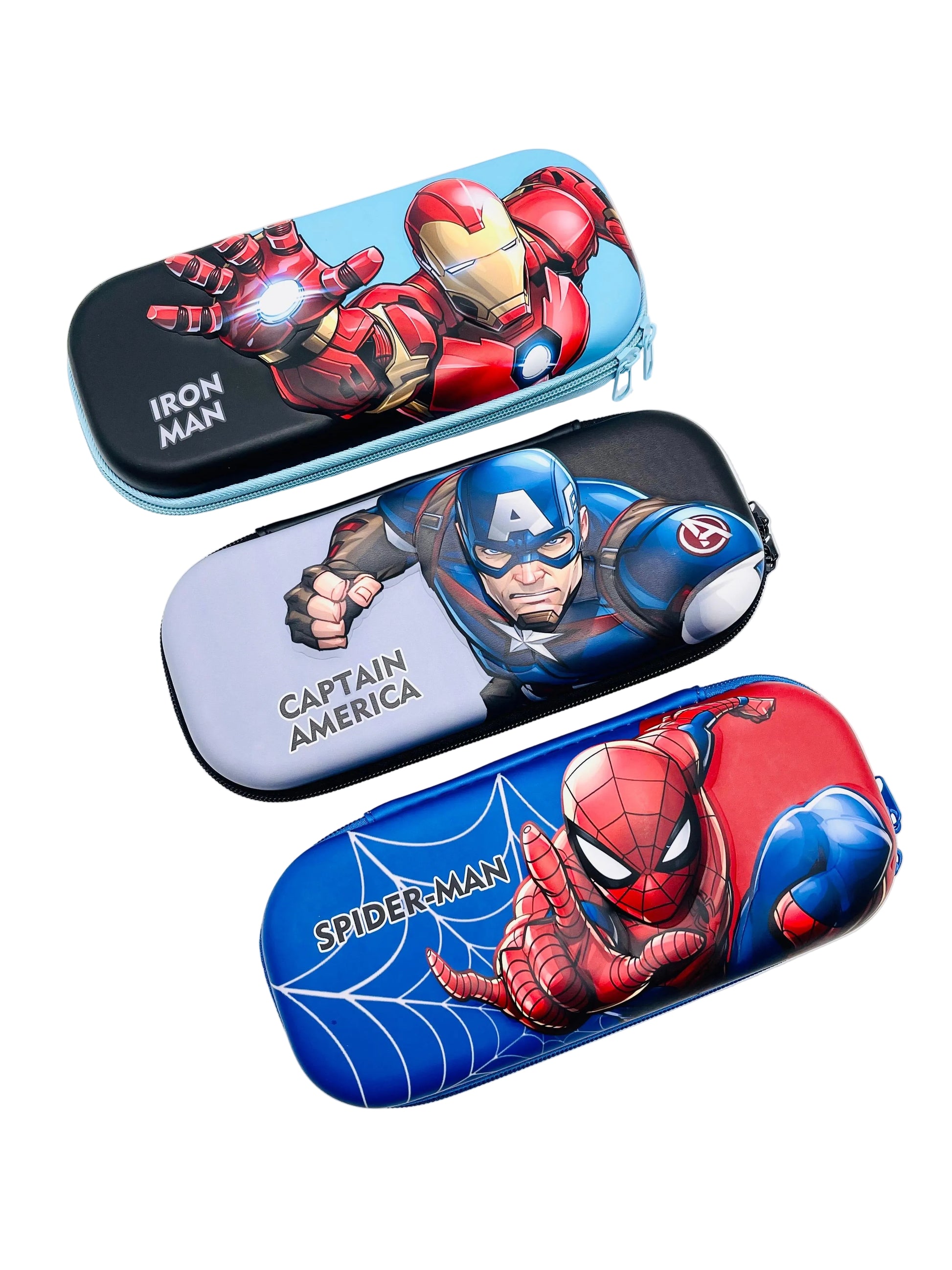 Three superhero-themed pencil cases with Iron Man, Captain America, and Spider-Man on a white background.