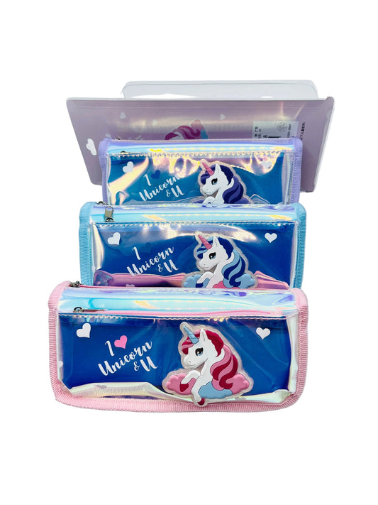 Set of three blue pouches with unicorn designs on a white background